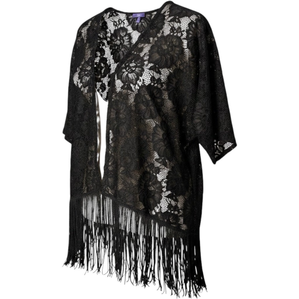 Bluebell Kimono Small Black Lace Fringe Floral Boho Sheer Open Front Whimsigoth